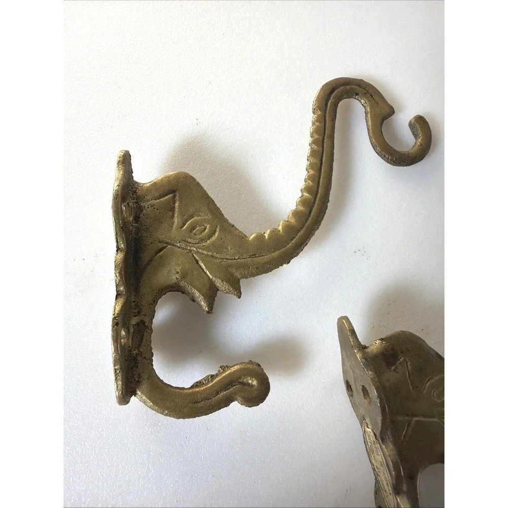 2 Vtg Solid Brass Elephant Head Double Wall Hooks Planter Coat Hangers Trunks Up